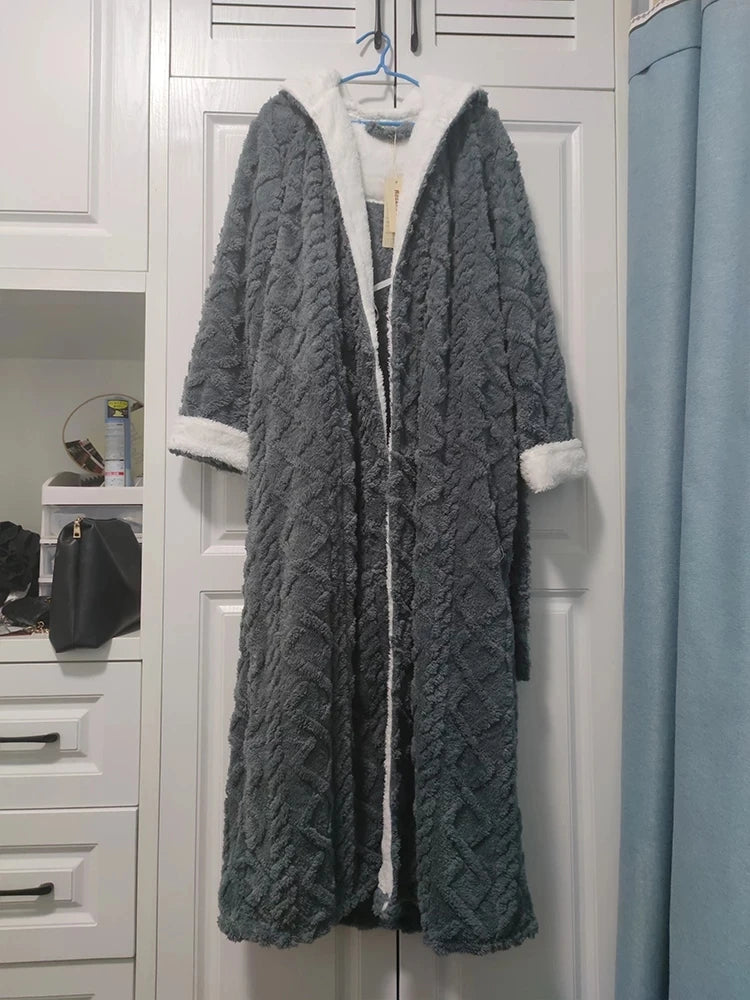 Loose Long Thick Hooded Winter Bathrobe for Women - Flannel Terry Comfortable Sleepwear