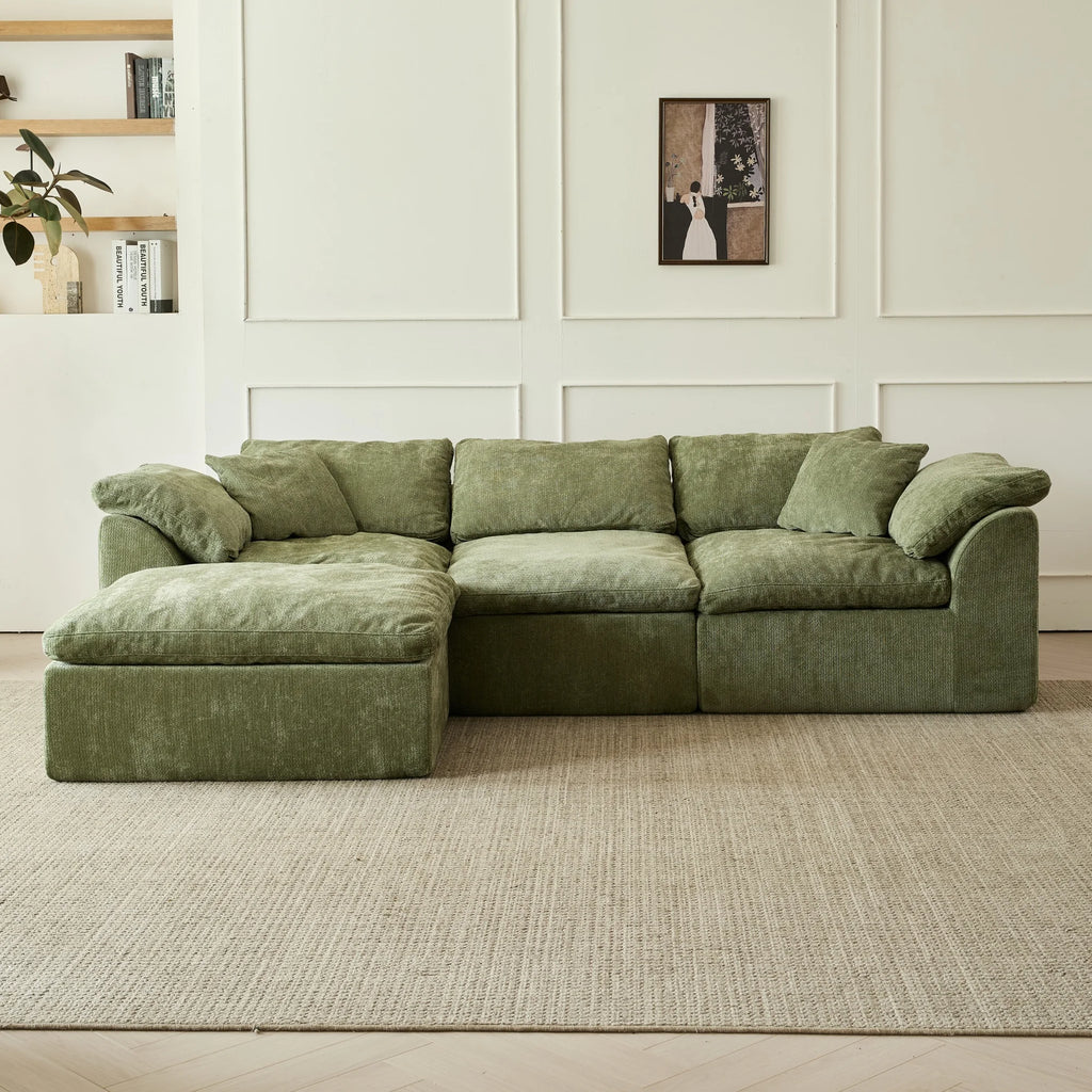 109" Modern Cloud L-Shaped 3-Seater Oversized Deep Seat Chenille Fabric Sofa Green Modular Sectional with Ottoman