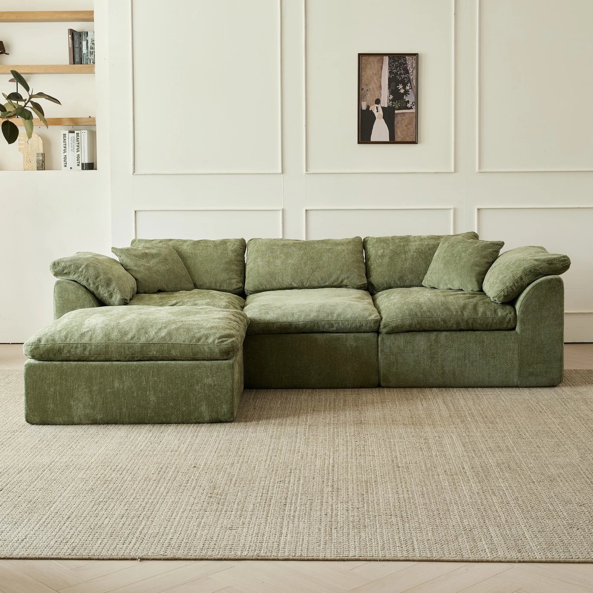 109" Modern Cloud L-Shaped 3-Seater Oversized Deep Seat Chenille Fabric Sofa Green Modular Sectional with Ottoman