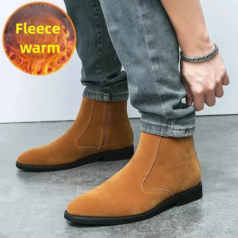Winter Men Velvet Warm Chelsea Boots British High Top Cowboy Boots European and American Zipper Training Boots Men Sizes 38-46