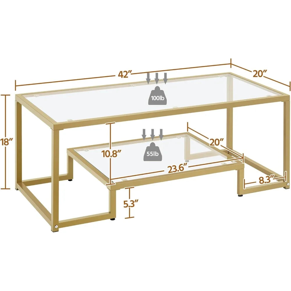 Gold Coffee Table, 42" Rectangular Glass Coffee Table for Living Room, 2-Tier Living Room Tables with Storage Center, Customized