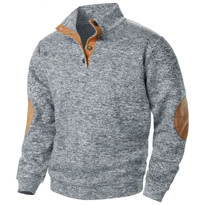 Men's Autumn Sweatshirt Patchwork Contrast Color Hoodies Stand Collar Button Down Vintage Pullovers