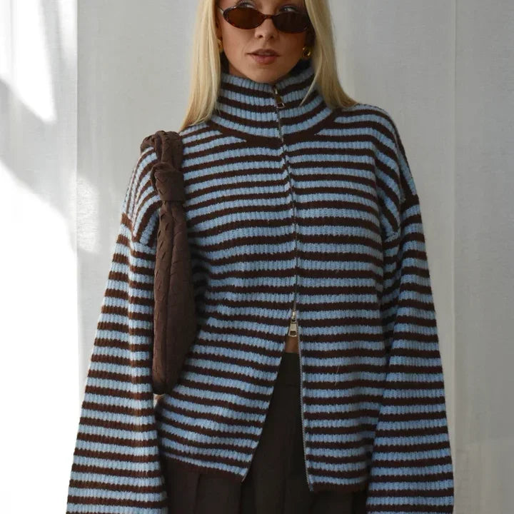 Women's Panelled Striped Zipper Knit Sweater Turtleneck Full Sleeve Coat 2026 Spring Autumn Female Casual Outings Daily Matching