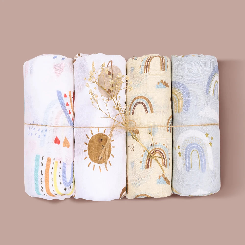 Elinfant 100% Cotton 4PCS Muslin Swaddle Blankets,120*110cm Bamboo Cotton Newborn Baby Bath Towel Wrap