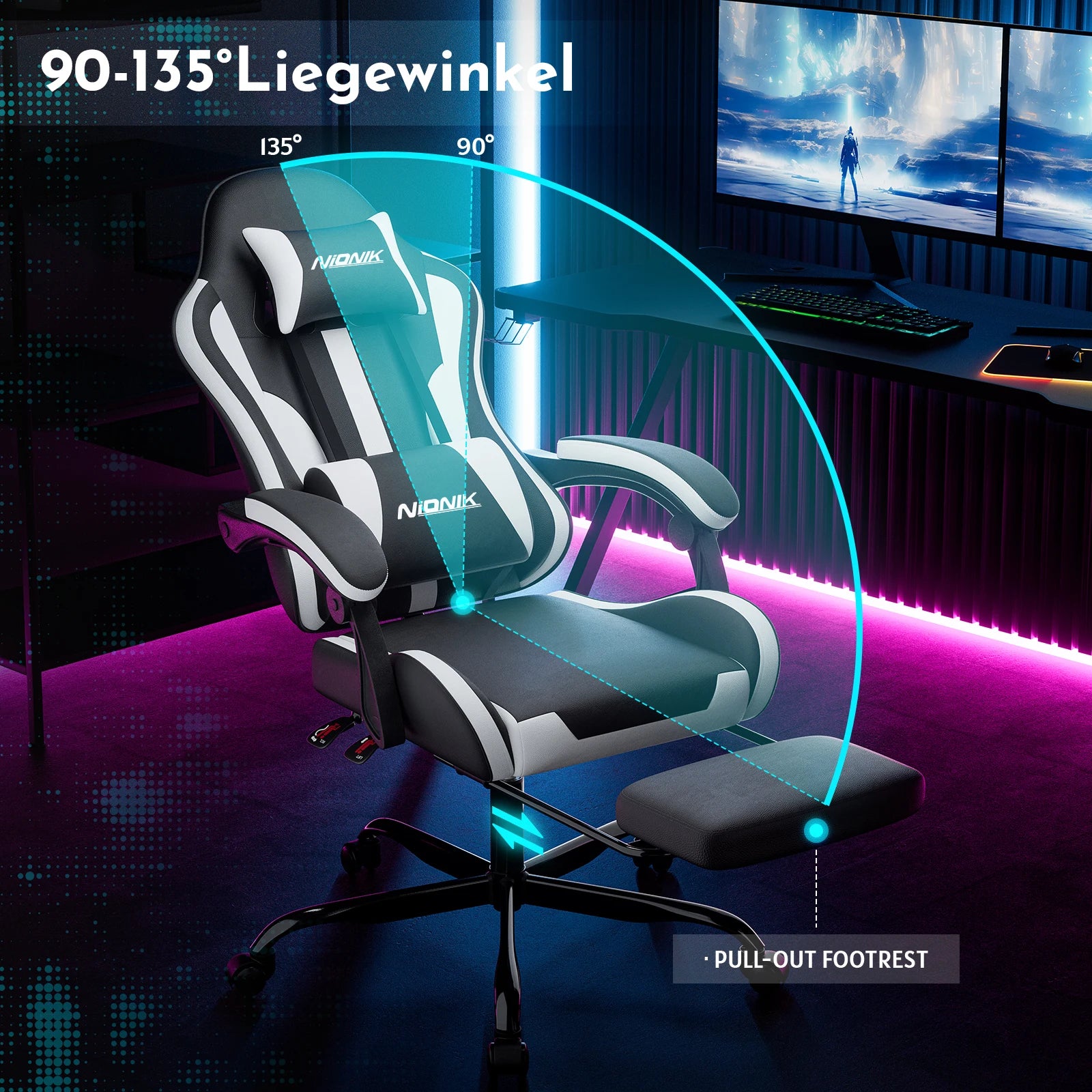 Gaming Chair with Massage Ergonomic Desk Chair Footrest Headrest Rotatable Chair for Office and Gamers