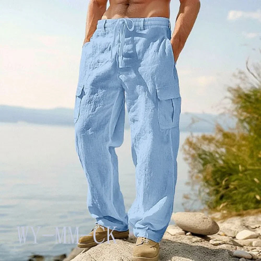 2026 European and American Men's Cotton and Linen Trousers Multi-pocket Work Pants Loose Straight Sportswear and Casual Trousers
