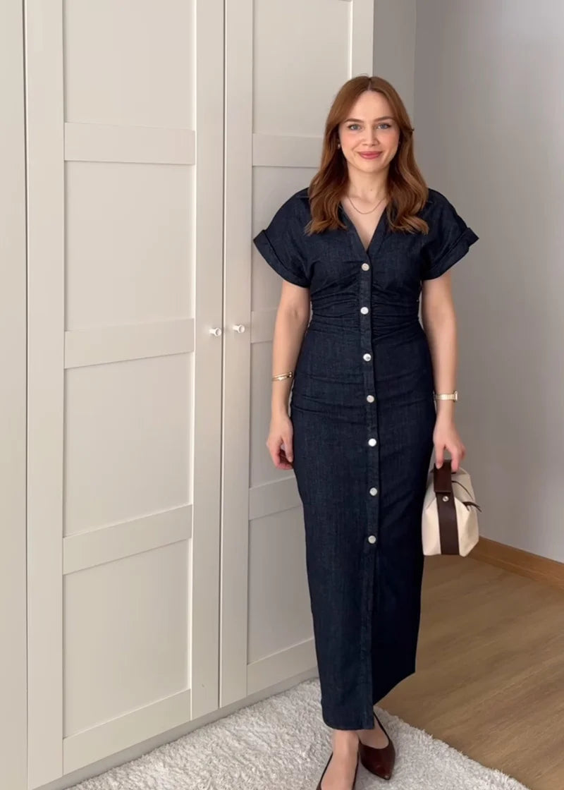 ETJ 2025  Spring New 1975 series denim MIDI dress with lapel side zipper fashion wrinkle waist slim elegant dress