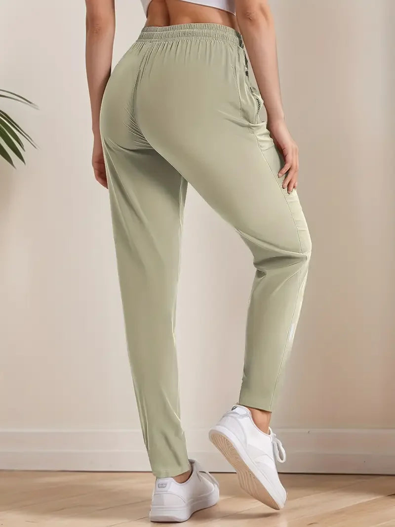 Women's High-Elasticity Ice Silky Fiber Casual Pants Quick-Dry with Zipper Pockets Adjustable Drawstring Waist Lightweight