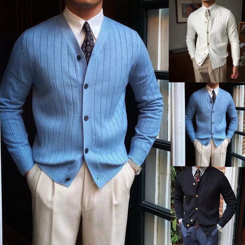 Autumn Winter Men's Business Casual V Neck Cardigan Solid Color Knit Sweatercoat Male Slim Fit Long Sleeve Knitted Sweater Tops