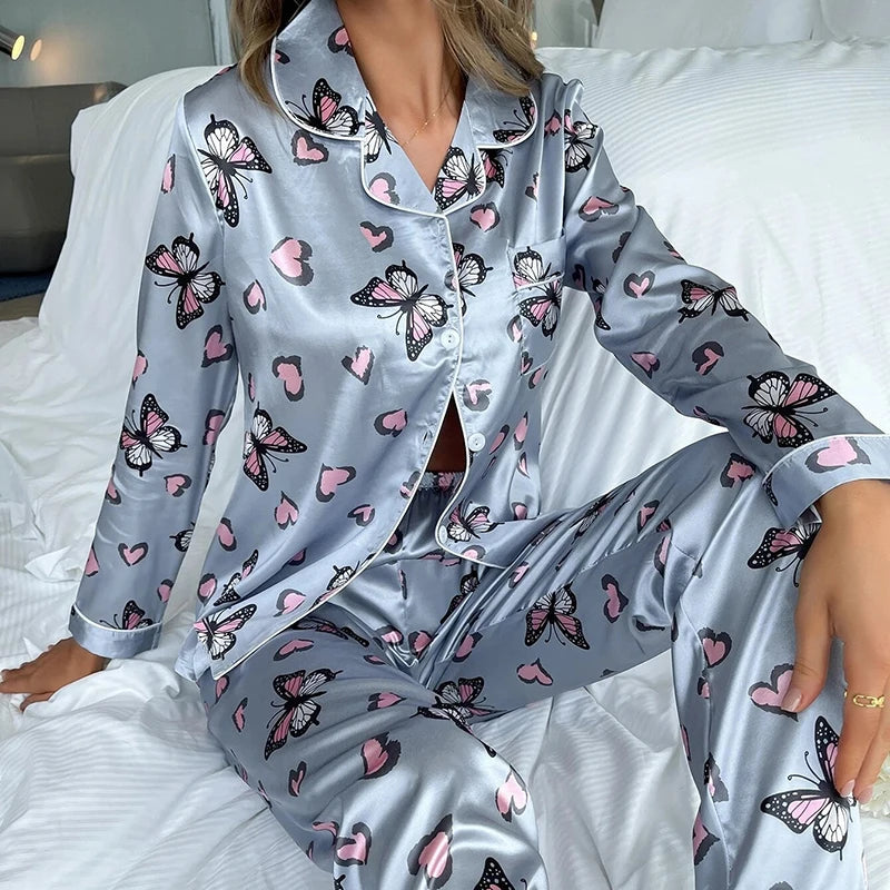 Spring Autumn Pajama Women Silk Satin Pajamas Set Long Sleeve Shirt with Trouser Sleepwear Loungewear Female Pajamas Suits Mujer