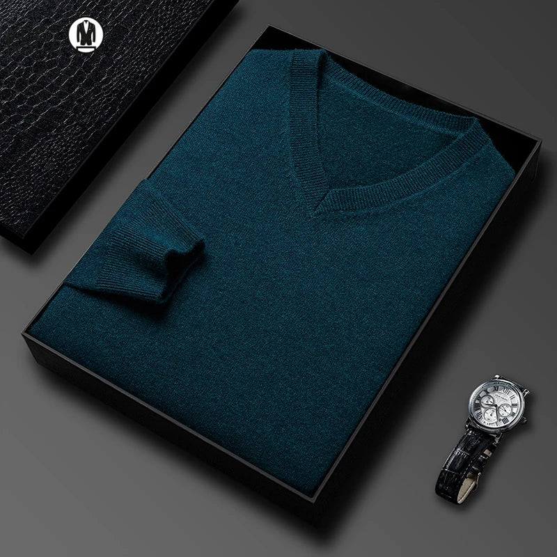 Men's V-Neck Basic Solid Color Sweatshirt Warm Autumn Knitted Oversize Pullover Elastic Round Neck Sweater for Casual Wear