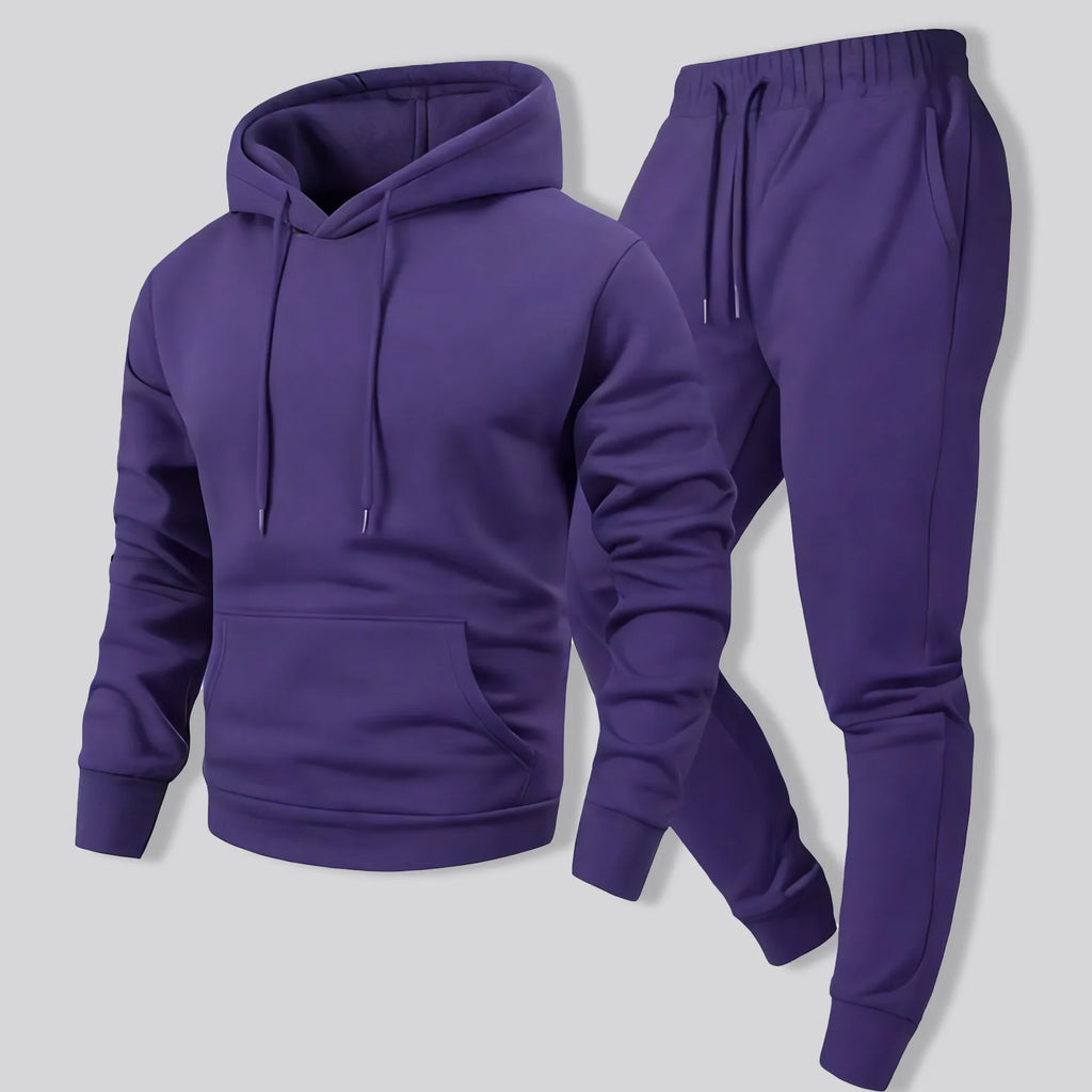 Autumn Fleece Sport Hoodie Set Man's Solid Running Comfy Long Pant Casual Simple Clothes Basic Warm Street Pullover Pocket Pants