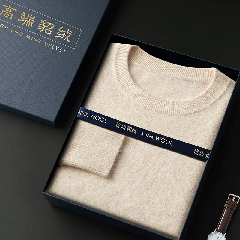100% Pure Mink Cashmere Men's Round Neck Sweater for Autumn Winter, Casual Knitted Long Sleeved Pullover Sweater Men's Clothing