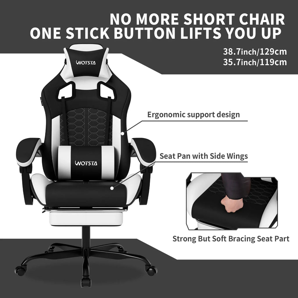 WOTSTA Gaming Chair with Footrest, Lumbar Support, Adjustable Height, Swivel Seat, Headrest, For Office or Gaming