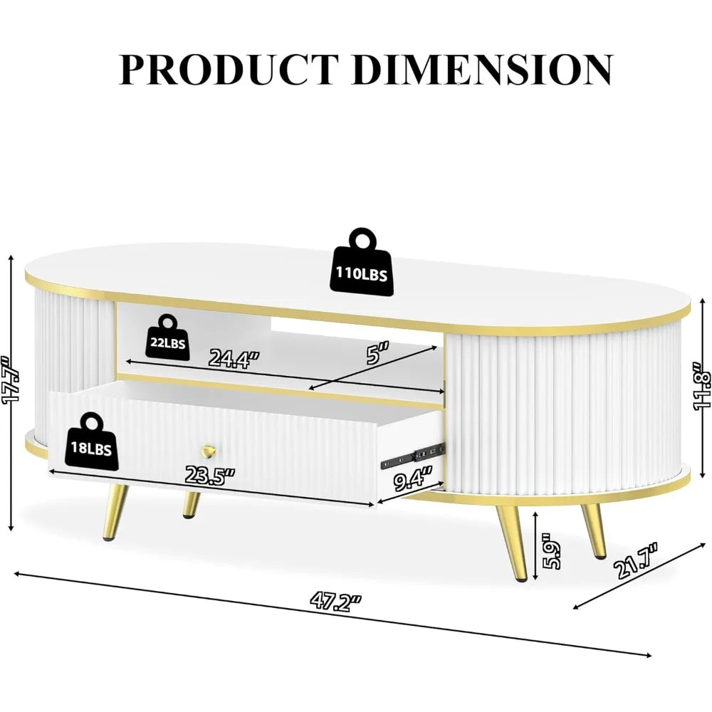 47" Fluted Coffee Table with LED Lights & Storage - Luxury Modern Oval Center Table for Living Room, Coffe Tables,Customized