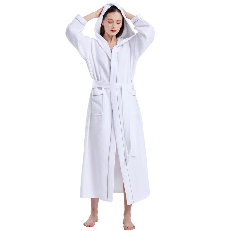 Pure Cotton Waffle Hooded Hotel SPA Robe for Men and Women - Quick Drying, Absorbent Kimono Yukata Sleepwear, Homewear, Casual Soft Bathrobe