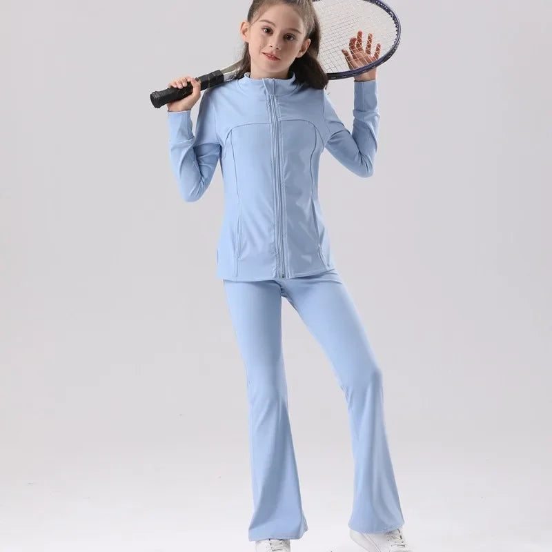 Kids' UV Protection Yoga Set European & American Style Long Sleeve Workout Outfit Breathable Solid Color Sportswear for Girls