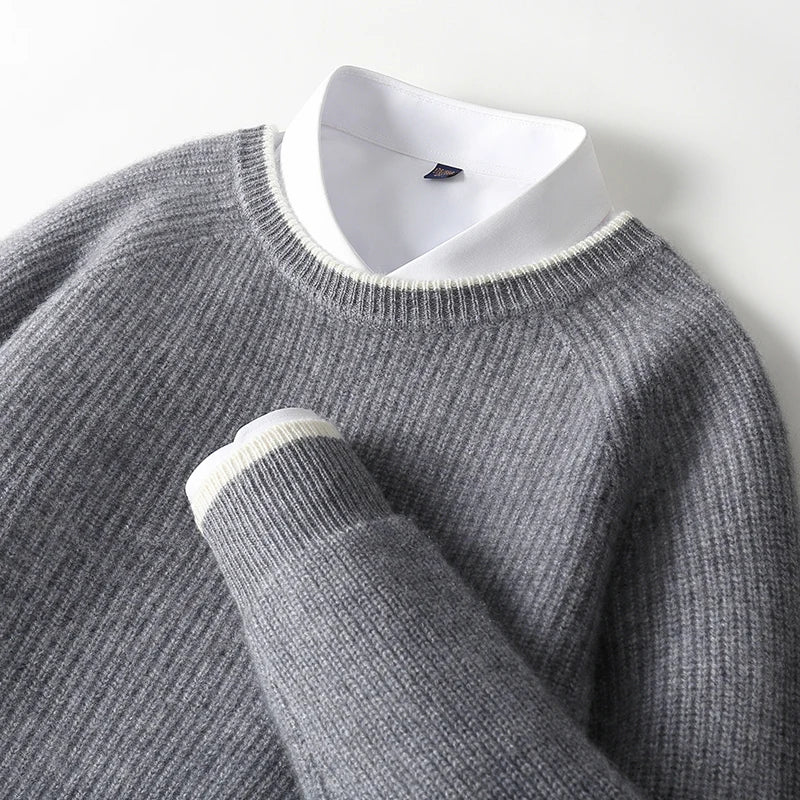 100% Pure Wool Men's Round Neck Thick Pullover Sweater - Youth Knitted Cashmere Sweater with Bottom