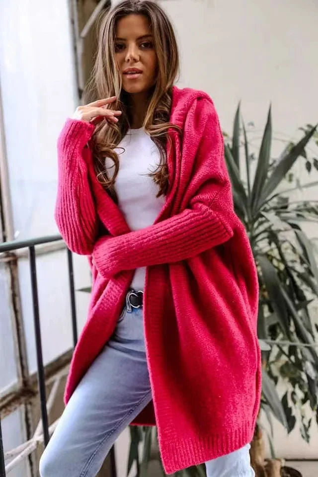 2024 Autumn Winter Cozy Chic Hooded Cardigan Women's Casual Knit Sweater Coat Elegant Batwing Sleeve Pocket Long Jacket Jumpers