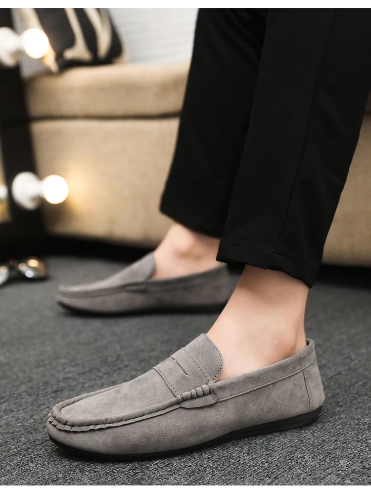 2025 Autumn Deer Leather Casual Men's Shoes Versatile Comfortable Work Shoes Driving Loafers Black, Grey, Khaki Three-Colour