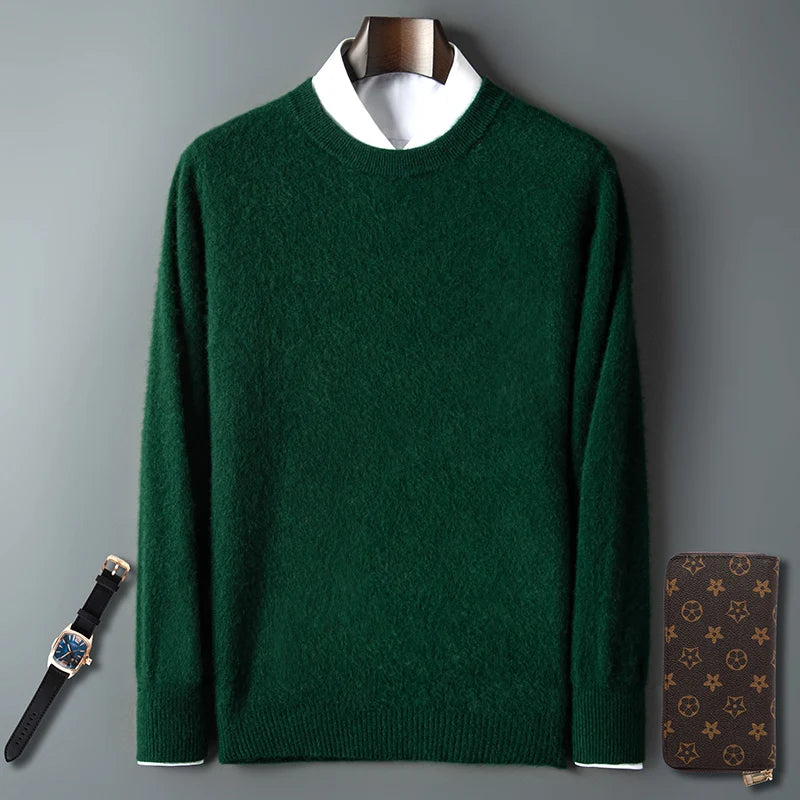 100% Pure Mink Cashmere Men's Round Neck Sweater for Autumn Winter, Casual Knitted Long Sleeved Pullover Sweater Men's Clothing