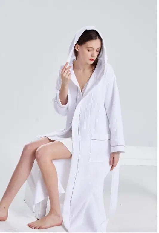 Pure Cotton Waffle Hooded Hotel SPA Robe for Men and Women - Quick Drying, Absorbent Kimono Yukata Sleepwear, Homewear, Casual Soft Bathrobe