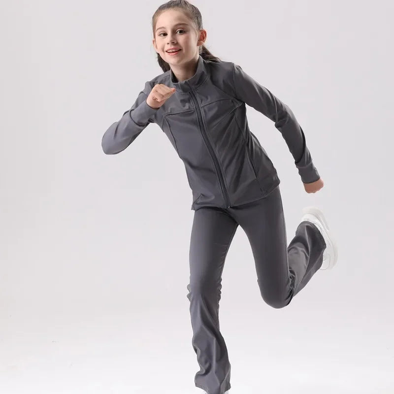 Kids' UV Protection Yoga Set European & American Style Long Sleeve Workout Outfit Breathable Solid Color Sportswear for Girls