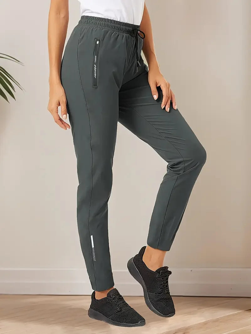 Women's High-Elasticity Ice Silky Fiber Casual Pants Quick-Dry with Zipper Pockets Adjustable Drawstring Waist Lightweight