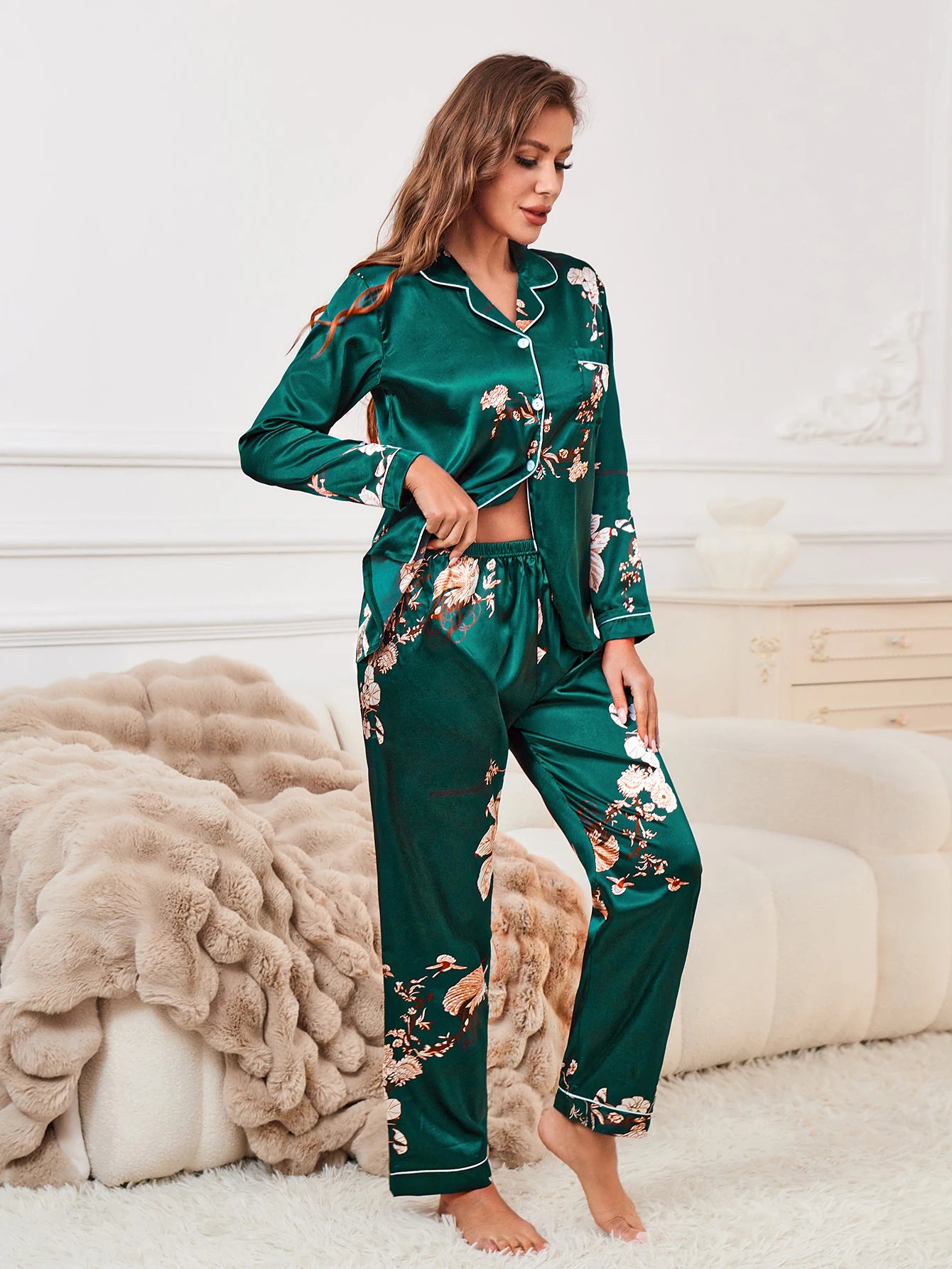 Floral Print Contrast Piping Satin Pajama Set, Women's Sleepwear & Loungewear Button Up Lapel Top & Pants PJ Set