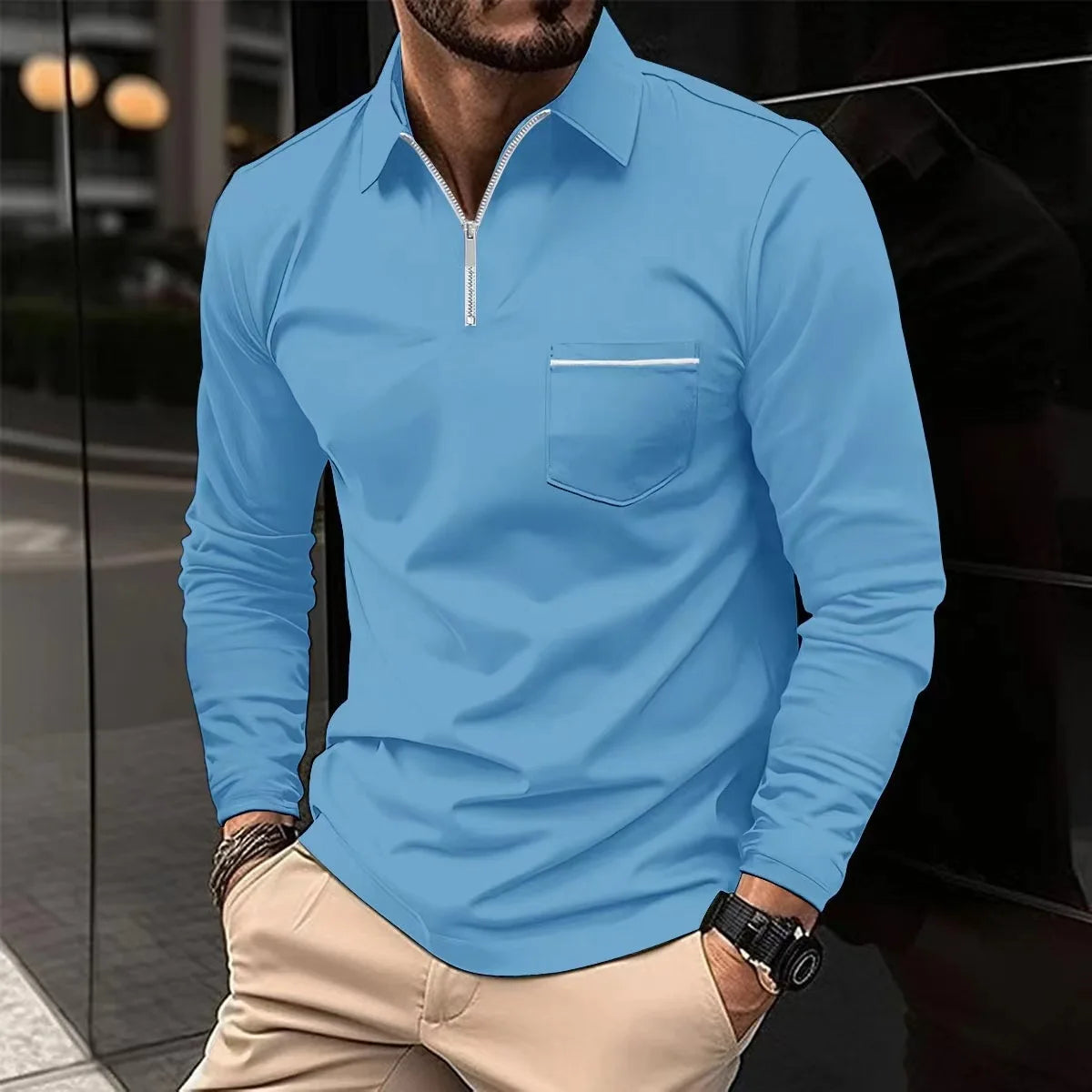Casual Men's POLO Shirt with Zipper Pocket and Decorative Lapel - Classic Trend Solid Color Comfortable High Quality Long Sleeve Tops