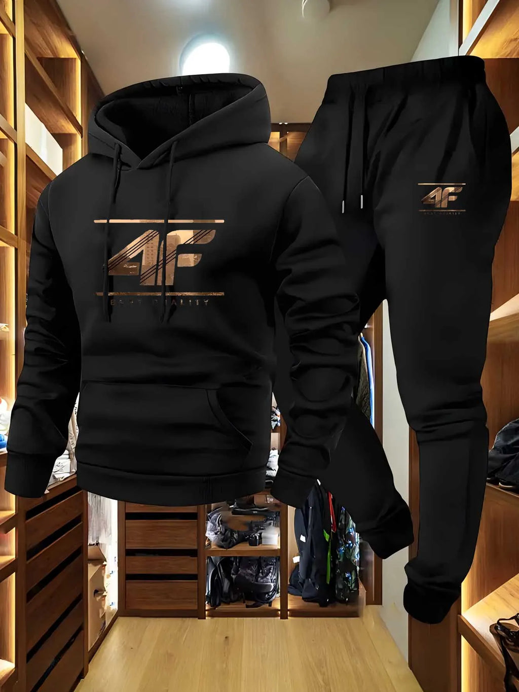 Men's Hoodie & Jogger Set with '4F' Print - Casual Sportswear Beige & Black Matching Tracksuit for Gym Lounge Outdoor