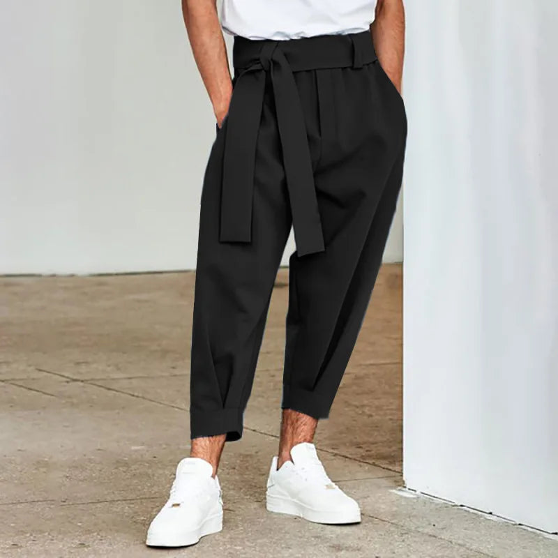 Spring Men's Loose Solid Color Cropped Pants with Belt Decoration and Gathered Feet