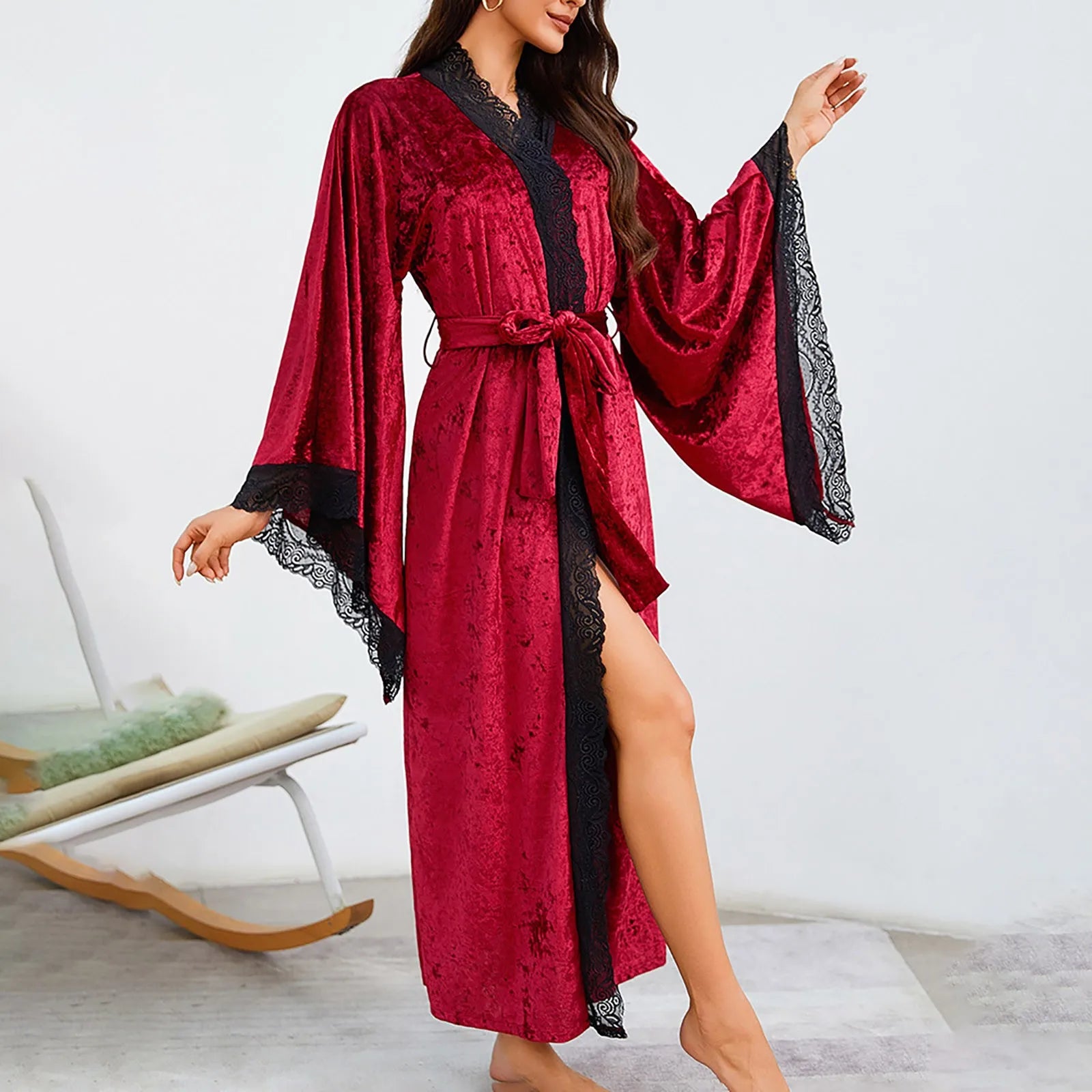 Women's Lace Velvet Bathrobe Breathable Nightgown Kimono Home Clothes Flare Sleeve Night Long Robe Female Sleepwear Homewear