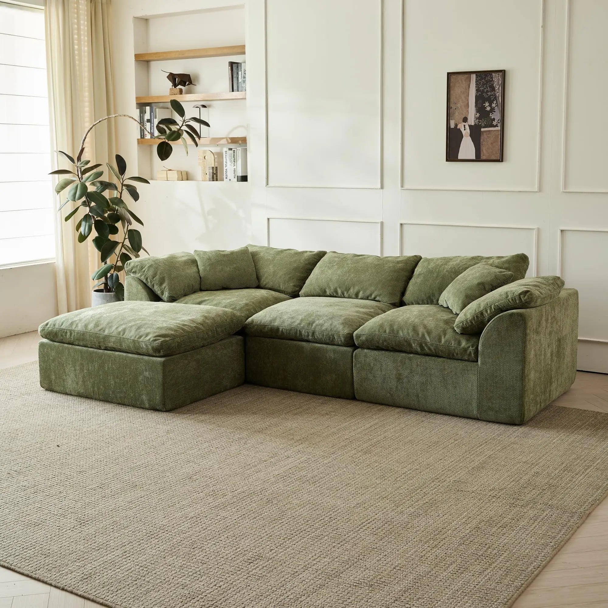 109" Modern Cloud L-Shaped 3-Seater Oversized Deep Seat Chenille Fabric Sofa Green Modular Sectional with Ottoman