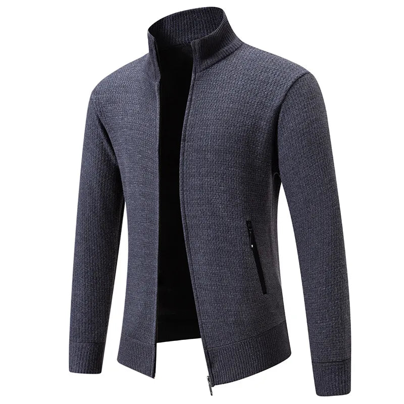 Winter Men's Knitted Sweater Jacket - Casual Cardigan with Stand-Up Collar