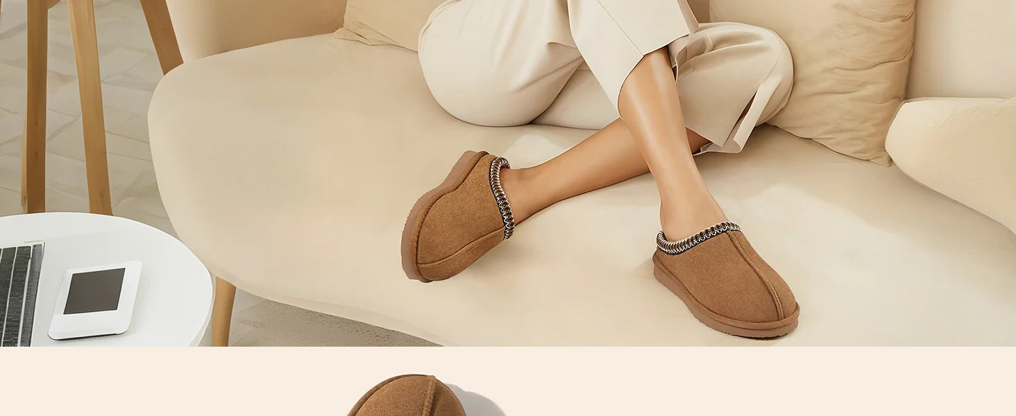 Comwarm Winter Women's Fuzzy Slippers Genuine Suede Indoor Outdoor Fluffy House Slippers Slip On Warm Memory Foam Furry Shoes