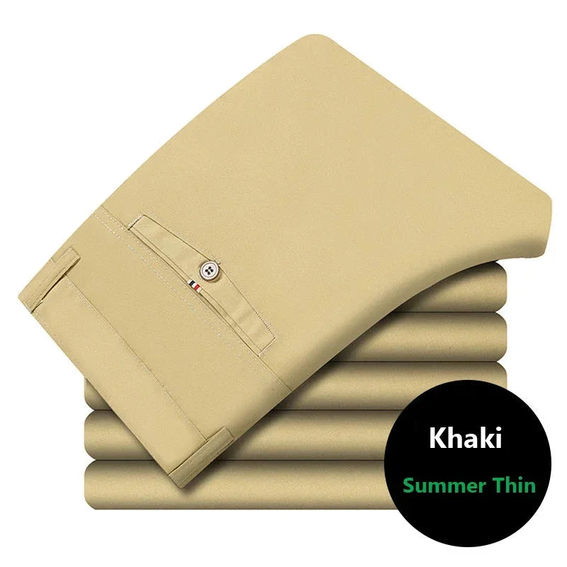 100% Cotton Spring Summer Middle-aged Cargo Trousers Men's Straight Slacks High Waists Thin Thick Breathable Male Suit Pants