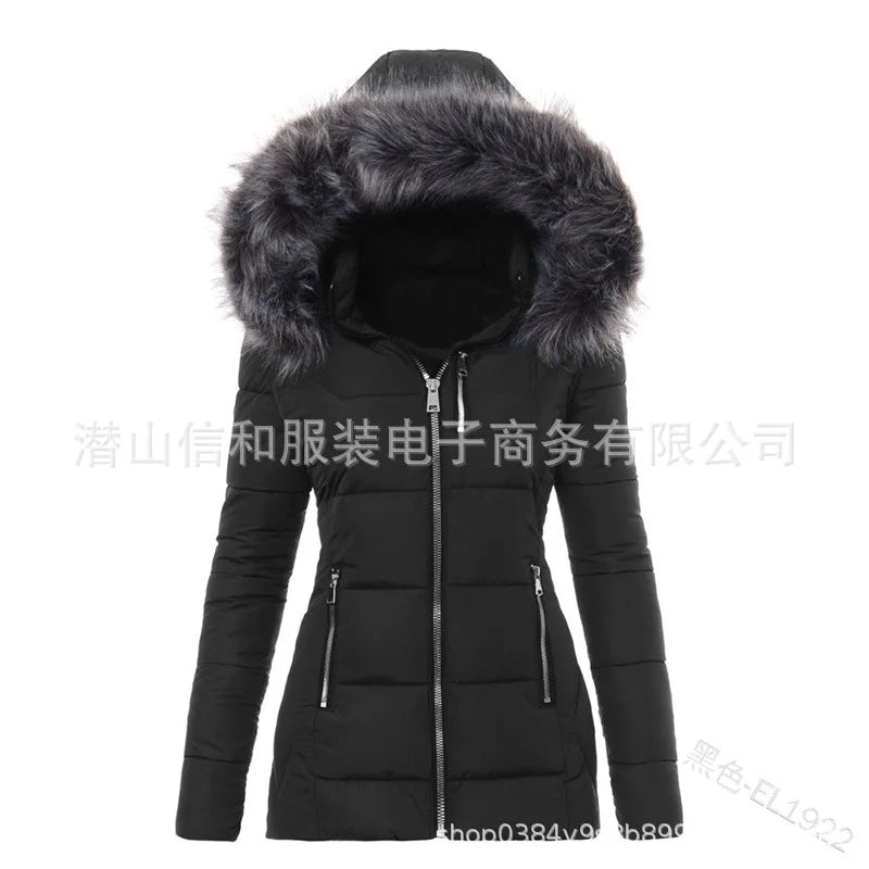 Women's Parkas Jacket Cotton Coat Winter Thick Fur Collar Hooded Windproof Padded Jackets Outerwear Zipper Overcoat Office Lady