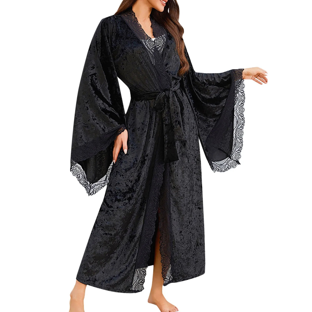 Women's Lace Velvet Bathrobe Breathable Nightgown Kimono Home Clothes Flare Sleeve Night Long Robe Female Sleepwear Homewear