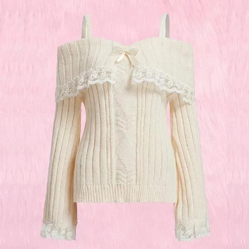 Women's Off Shoulder Knit Sweater Pink Pullover Sweet Long Sleeve Bow Lace Patchwork Jumpers Y2K Streetwear
