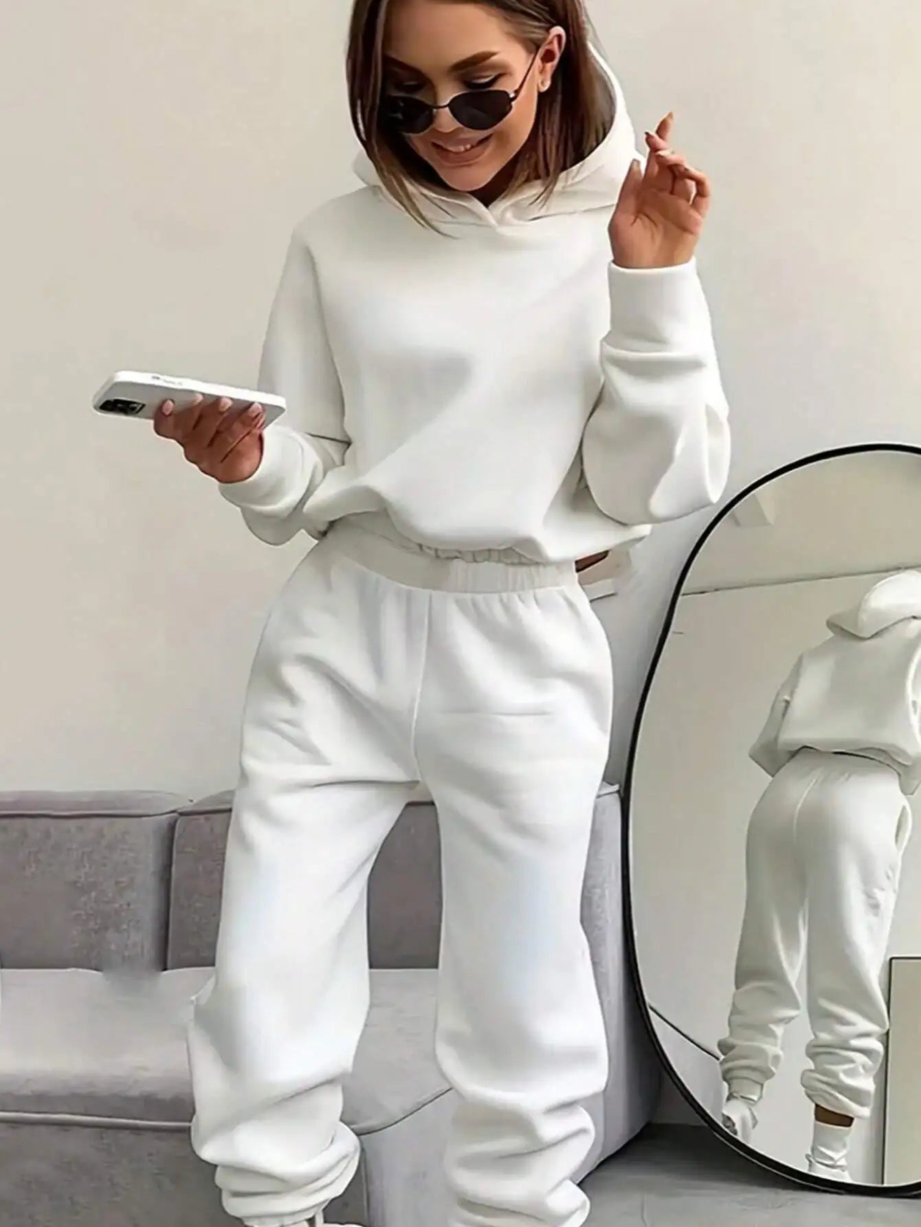Women's White Casual Hooded Sweatshirt and Jogger Pants Matching Set