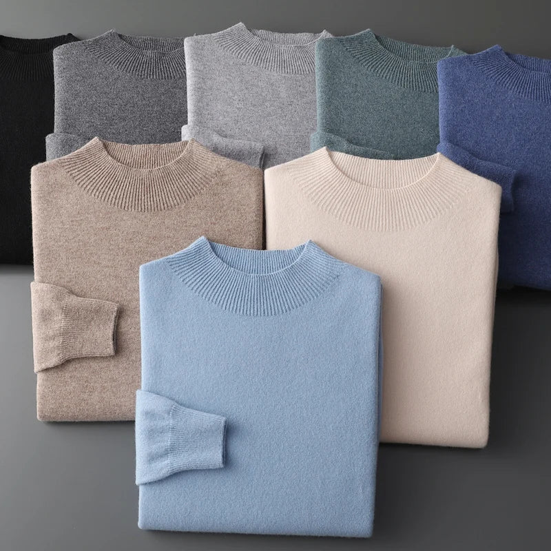 100% Pure Wool Cashmere Sweater Men's Half Turtleneck Pullover Casual Fashion Thickening Top Knitting Sweater