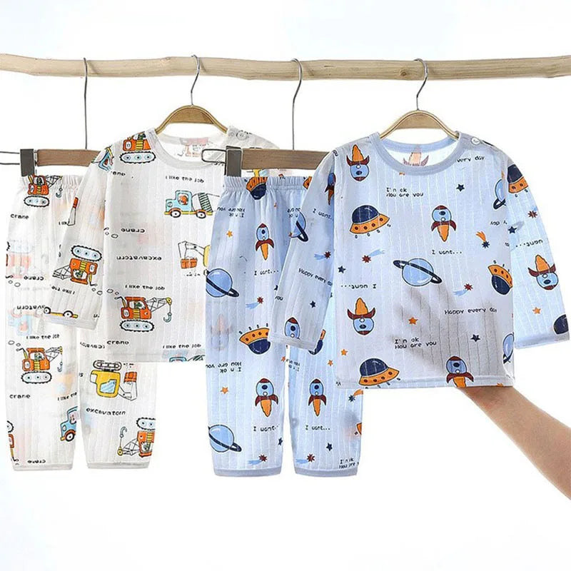 Top+Pants 2-Piece Set Breathable Soft Cotton Pajamas for Children Boys Girls Baby Summer Cartoon Long Sleeve Home Sleepwear Set 1-6Y