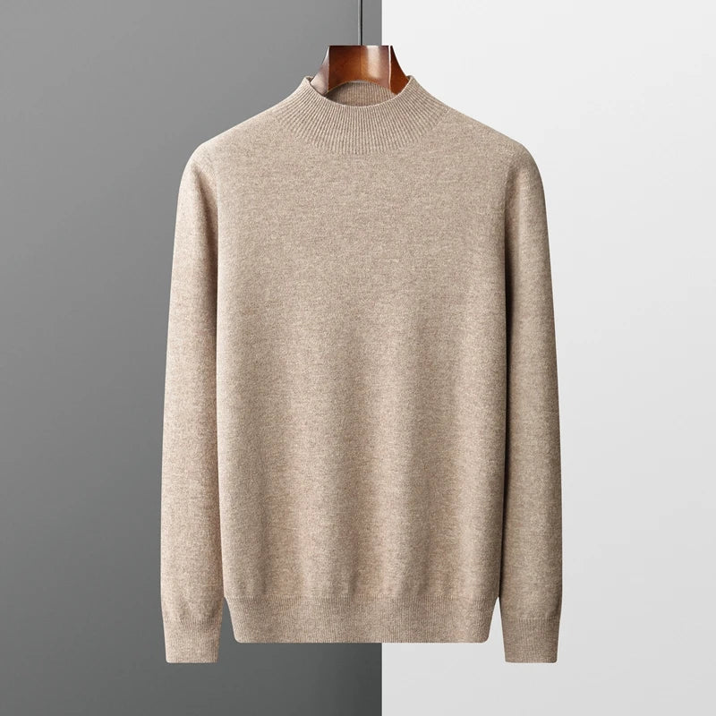 New Men's 100% Merino Wool Mock Neck Pullover Soft Warm Jumpers Quality Cashmere Sweater Casual Smart Knitwear Basic Tops Clothing