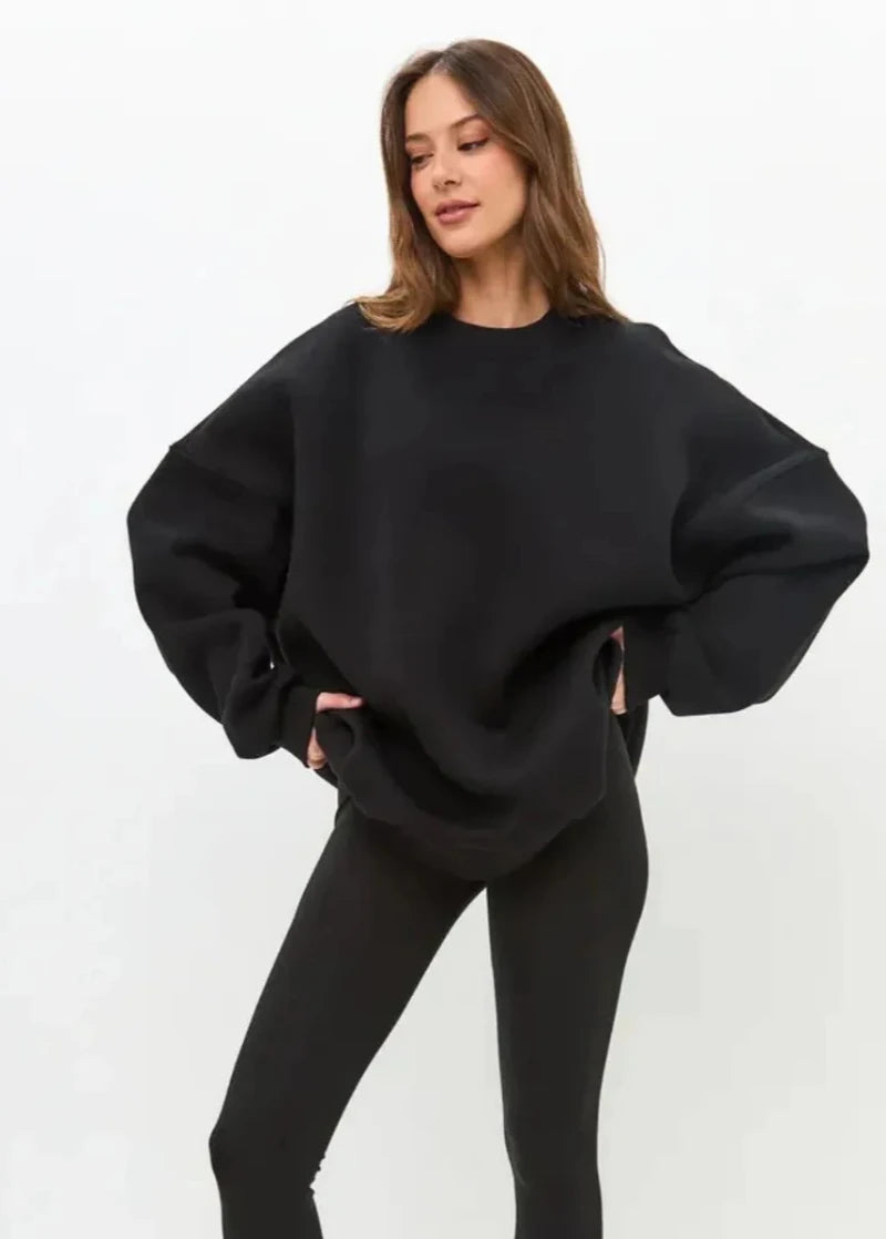 Plus Size Comfortably Lined Hooded Sweatshirt for Autumn and Winter for Men and Women - Solid Color Oversized Crew Neck Long Jumper
