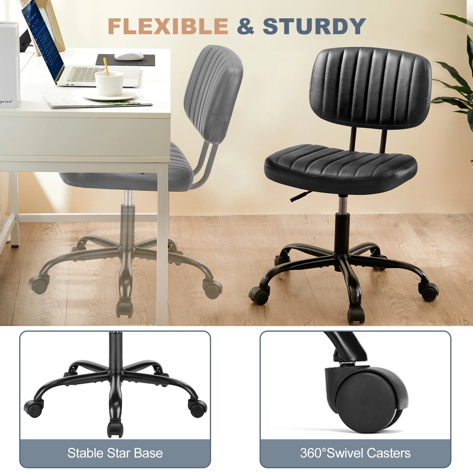 JHK Armless Office Desk Chair with Back Lumbar Support, Height Adjustable PU Leather Computer Chair with 360° Swivel Rolling Wheels