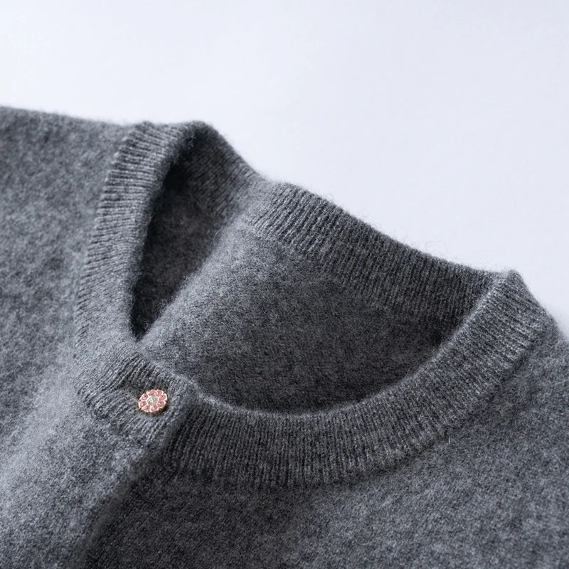 High-quality 100% Pure Cashmere Women's Cardigan Casual Knitted Sweater Loose Round Neck Tops Thickened Basic Pull Jumper