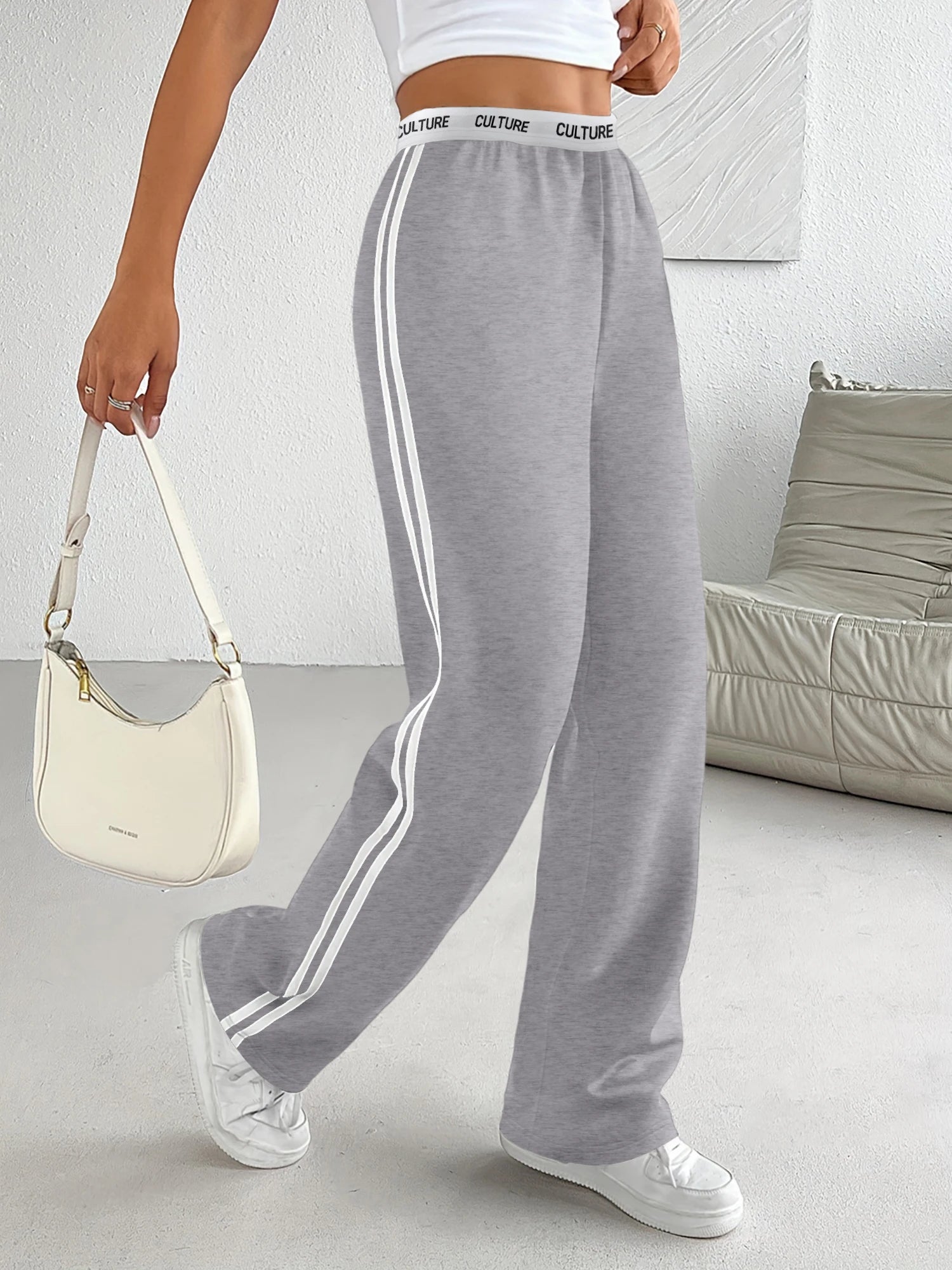 2026 Trendy Parachute Pants for Women - Oversized Loose Fit Trousers with Contrast Waistband and Double Stripes for Casual Streetwear