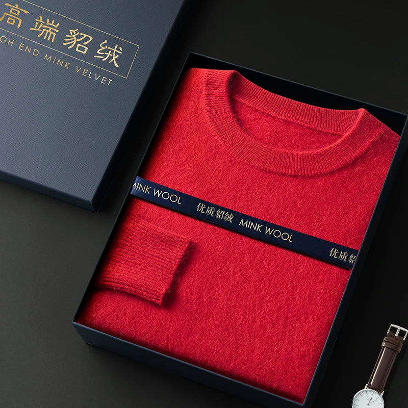 100% Pure Mink Cashmere Men's Round Neck Sweater for Autumn Winter, Casual Knitted Long Sleeved Pullover Sweater Men's Clothing