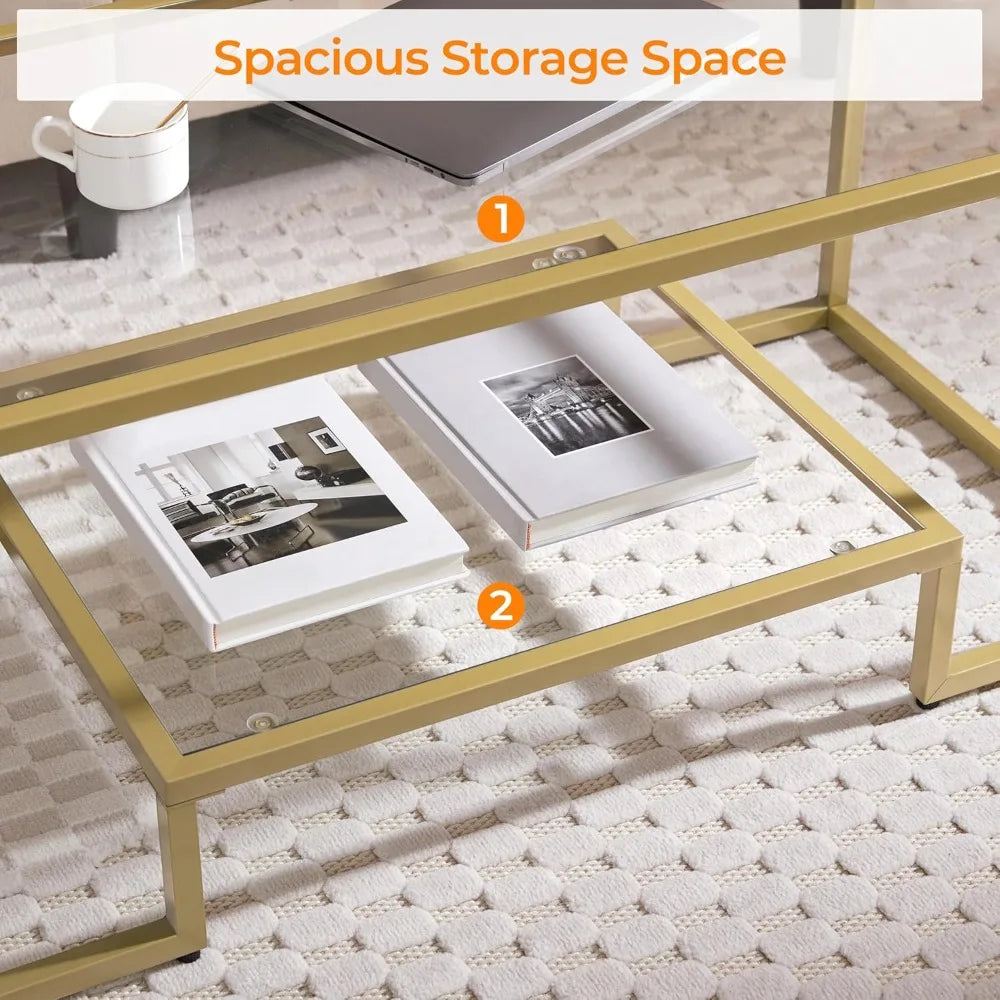 Gold Coffee Table, 42" Rectangular Glass Coffee Table for Living Room, 2-Tier Living Room Tables with Storage Center, Customized